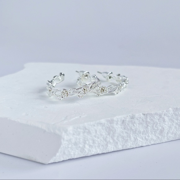 Rose Hoops Earrings 18K Gold Rose Earrings Gold Hoops Earrings Twig Earrings - Picture 5 of 10